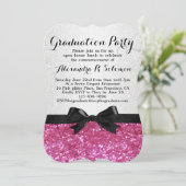Roze glitters-zijde lint afstudeerfeest uitnodigin kaart (Staand voorkant)
