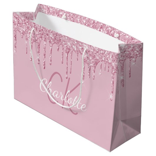 Roze glittersprenkels monogram glans luxe groot cadeauzakje (Achterkant Gekanteld)