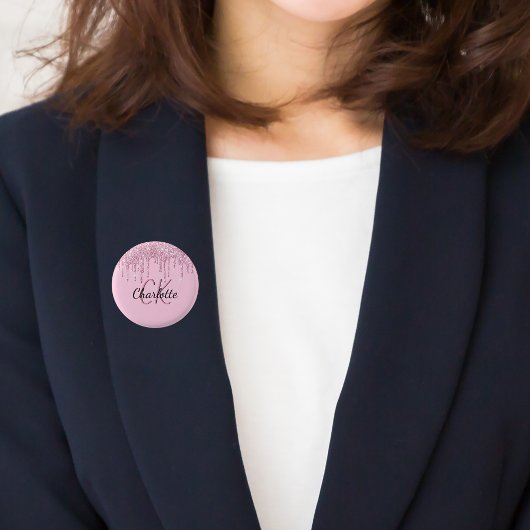 Roze glittersuikers custom naam monogram ronde button 3,2 cm