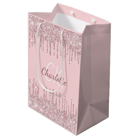 Roze glittersuikers Rode monogram script luxe Medium Cadeauzakje (Achterkant Gekanteld)