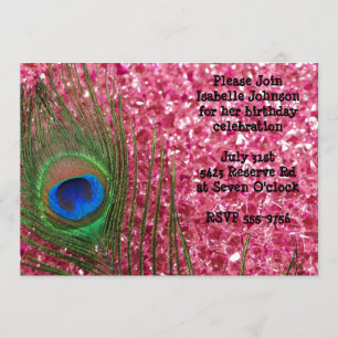 Roze Glittery Rocks Peacock Birthday Uitnodiging