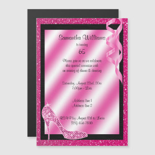 Roze glittery Stiletto & Streamers 65th Birthday Magnetische Uitnodiging