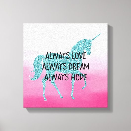 Roze Glitzy Glitter Aqua Unicorn Canvas Afdruk (Voorkant)