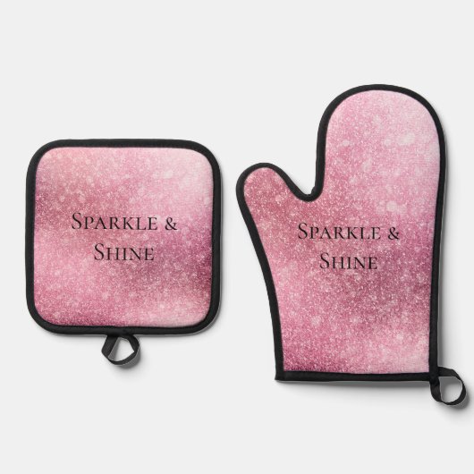 Roze Glitzy Sparkle gepersonaliseerd Ovenwant & Pannenlap Set (Voorkant)