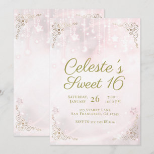 Roze Gloed & Gouden Hemelse Glans Sweet 16 Feest Kaart