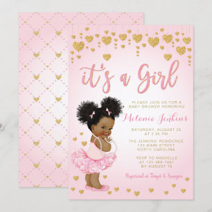 Roze Gold African American Baby shower Invitation Kaart