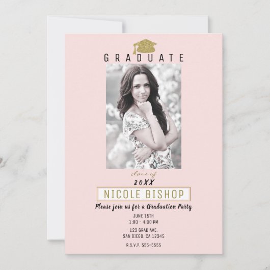 Roze Gold Afstuderen Foto Modern Graduation Party Kaart (Voorkant)