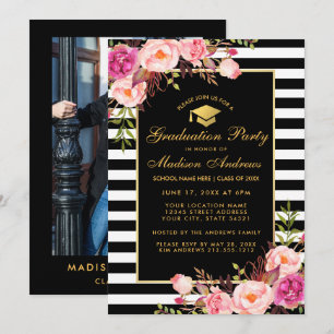 Roze Gold Afstuderen Striped Invite - Foto terug Kaart
