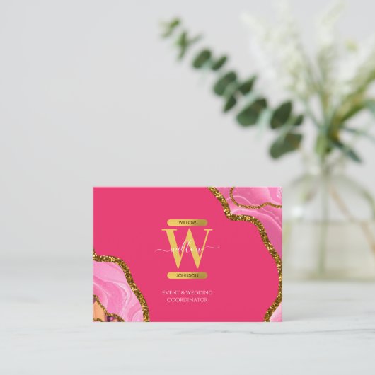 Roze Gold Agate Geode Glitter Monogram QR Code Visitekaartje (Staand voorkant)
