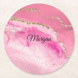 Roze & Gold Agate & Gold Stars, DIY Name Black Ronde Kartonnen Onderzetter