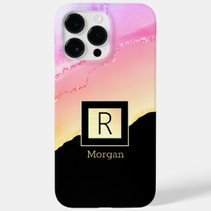 Roze & Gold Agate Name & Monogram Black & Gold Box Case-Mate iPhone 14 Pro Max Hoesje