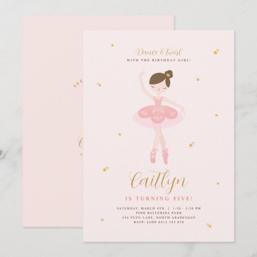 Roze & Gold Ballerina Birthday Uitnodiging (Voorkant / Achterkant)