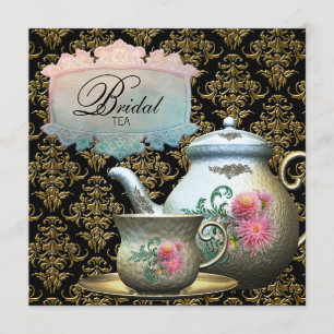 Roze Gold Black Damask Tea Cup Vrijgezellenfeest Kaart