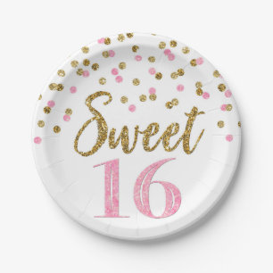 Roze Gold Confetti Sweet 16 Birthday Party Papieren Bordje