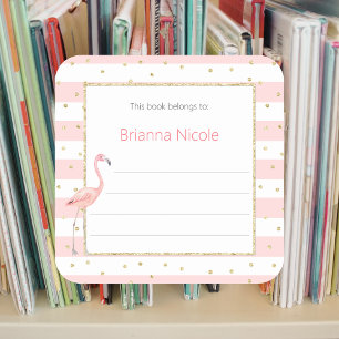 Roze Gold Flamingo Confetti Bookplate Sticker