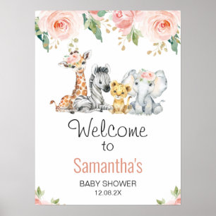 Roze Gold Floral Safari Baby shower Welkomstteken Poster