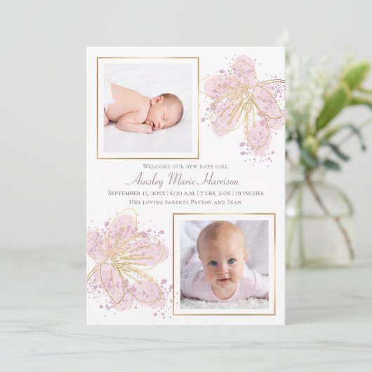 Roze Gold Floral Waterverf Baby Girl 2 Foto Aankondiging (Staand voorkant)