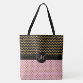 Roze Gold Glitter Black Chevron Monogrammed Large Draagtas (Voorkant)