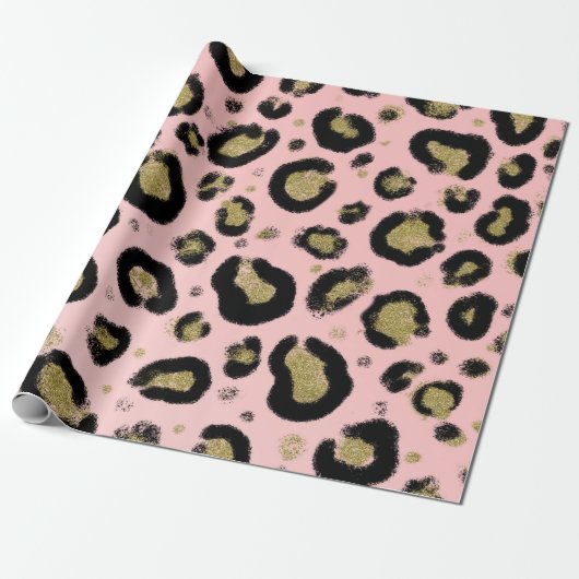 Roze Gold Glitter & Black Leopard Cheetah Print Cadeaupapier (Uitgerold)