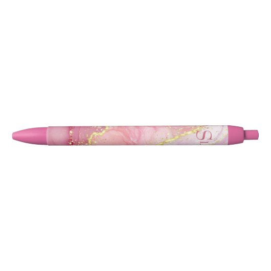 Roze Gold Glitter Marble Geode Monogram Zwarte Inkt Pen (Voorkant)