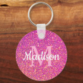 Roze Gold Glitter Sparkle Chic Monogram Naam Sleutelhanger (Voorkant)