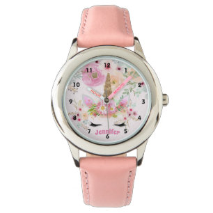 Roze Gold Glitter Unicorn Face Flowers Girls Gifts Horloge