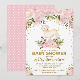 Roze Gold Lamb Baby shower Blush Floral Invitation Kaart