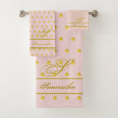 Roze Gold Polka Dot Monogramed Towel Set Bad Handdoek (Insitu)