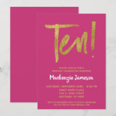 Roze Gold Script 10th Birthday Party Invitation Kaart (Voorkant / Achterkant)