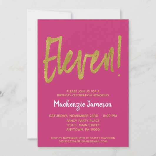 Roze Gold Script 11th Birthday Party Invitation Kaart (Voorkant)