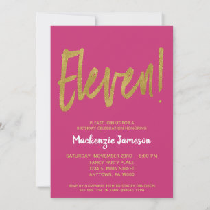 Roze Gold Script 11th Birthday Party Invitation Kaart