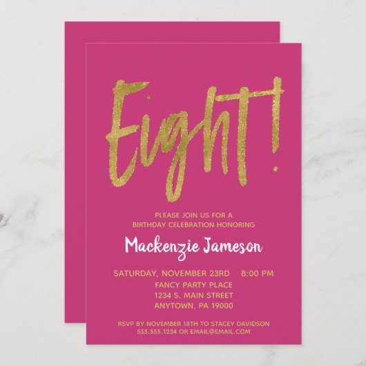 Roze Gold Script 8th Birthday Party Invitation Kaart (Voorkant / Achterkant)