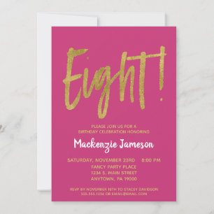Roze Gold Script 8th Birthday Party Invitation Kaart