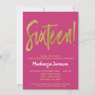 Roze Gold Script Sweet Sixteen Party Invitation Kaart