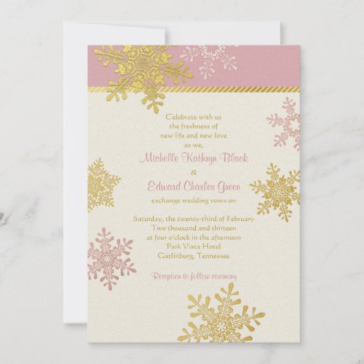 Roze Gold Snowflake Winter Weddenschap Kaart (Voorkant)