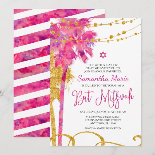 Roze Gold Waterverf Beach Bat Mitzvah Kaart (Voorkant / Achterkant)
