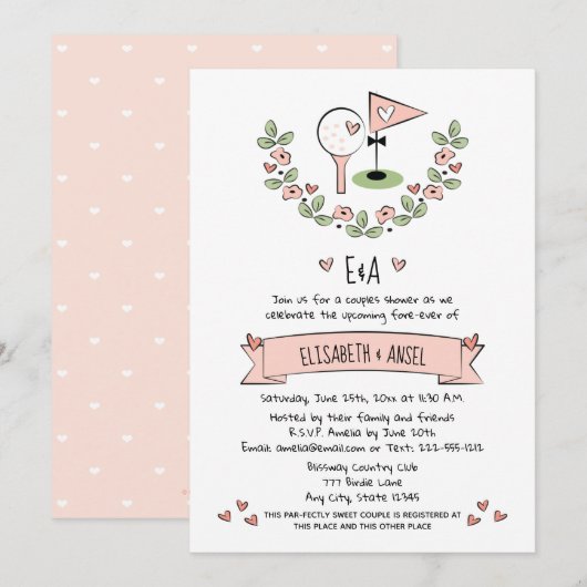 roze golf bruiloft koppels doucheuitnodiging kaart (Voorkant / Achterkant)