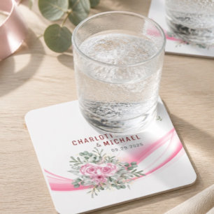 Roze golf- en bloemenbruiloft papier coaster vierkante kartonnen onderzetter