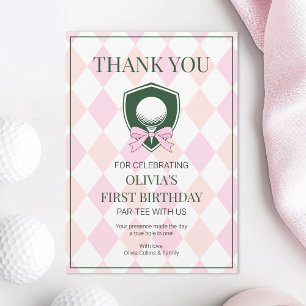 Roze Golf Modern Hole In One Meisjes 1e Verjaardag Bedankkaart