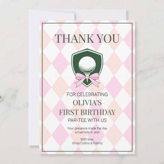 Roze Golf Modern Hole In One Meisjes 1e Verjaardag Bedankkaart (Voorkant)