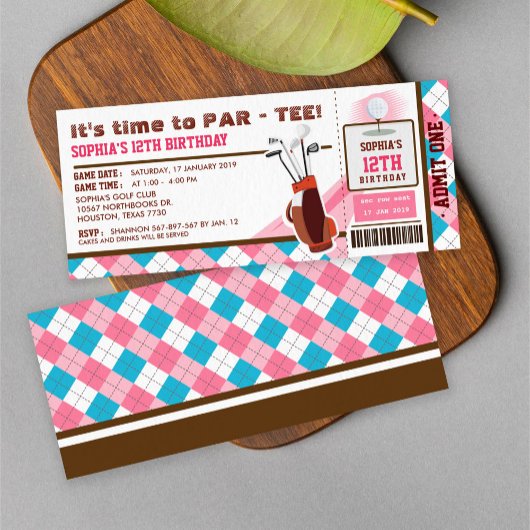 Roze Golf Ticket Pass Birthday Party Kaart