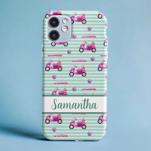 Roze Golfkarren Blauwgroen Gestreept Gepersonalise iPhone 16 Hoesje