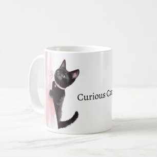 Roze Gordijn Nieuwsgierige Kat Koffiemok