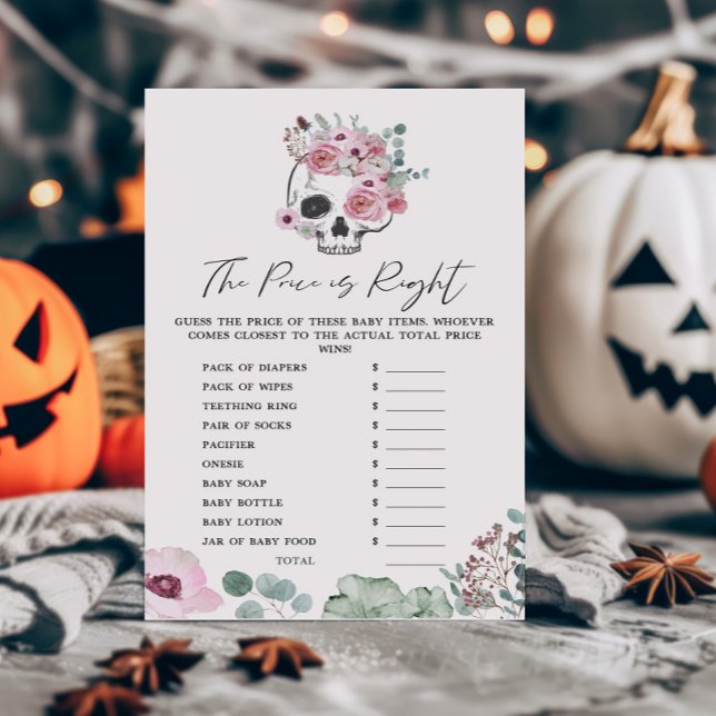 Roze Gotische Bloemenschedel De prijs is het juist (Floral Skull Baby Shower The Price is Right Game)