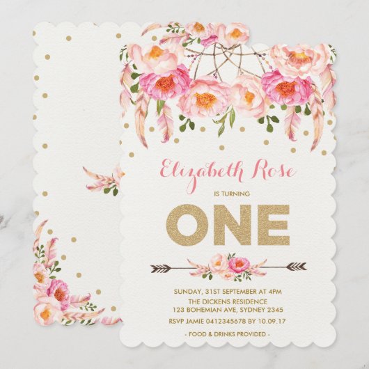 Roze Goud 1e Verjaardag Nodig Floral Dreamcatcher  Kaart (Voorkant / Achterkant)