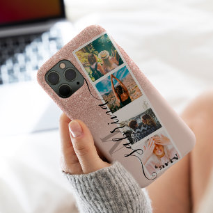 Roze goud 4 foto raster collage naam blos monogram iPhone 13 pro max hoesje