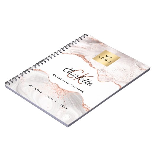 Roze goud agaat logo monogram elegant zakelijk notitieboek (Linkerzijde)