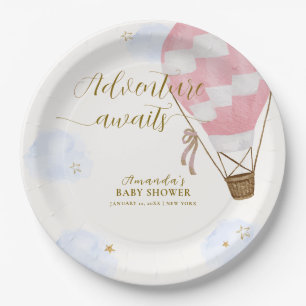 Roze Goud Avontuur Heet Luchtballon Baby Shower Papieren Bordje