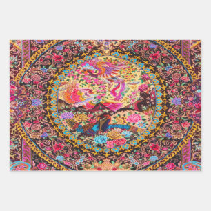 Roze Goud Blauw Perzische Bloemen Pauw Decoupage Inpakpapier Vel