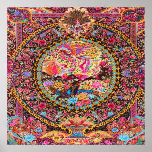 Roze Goud Blauw Perzische Bloemen Pauw Poster